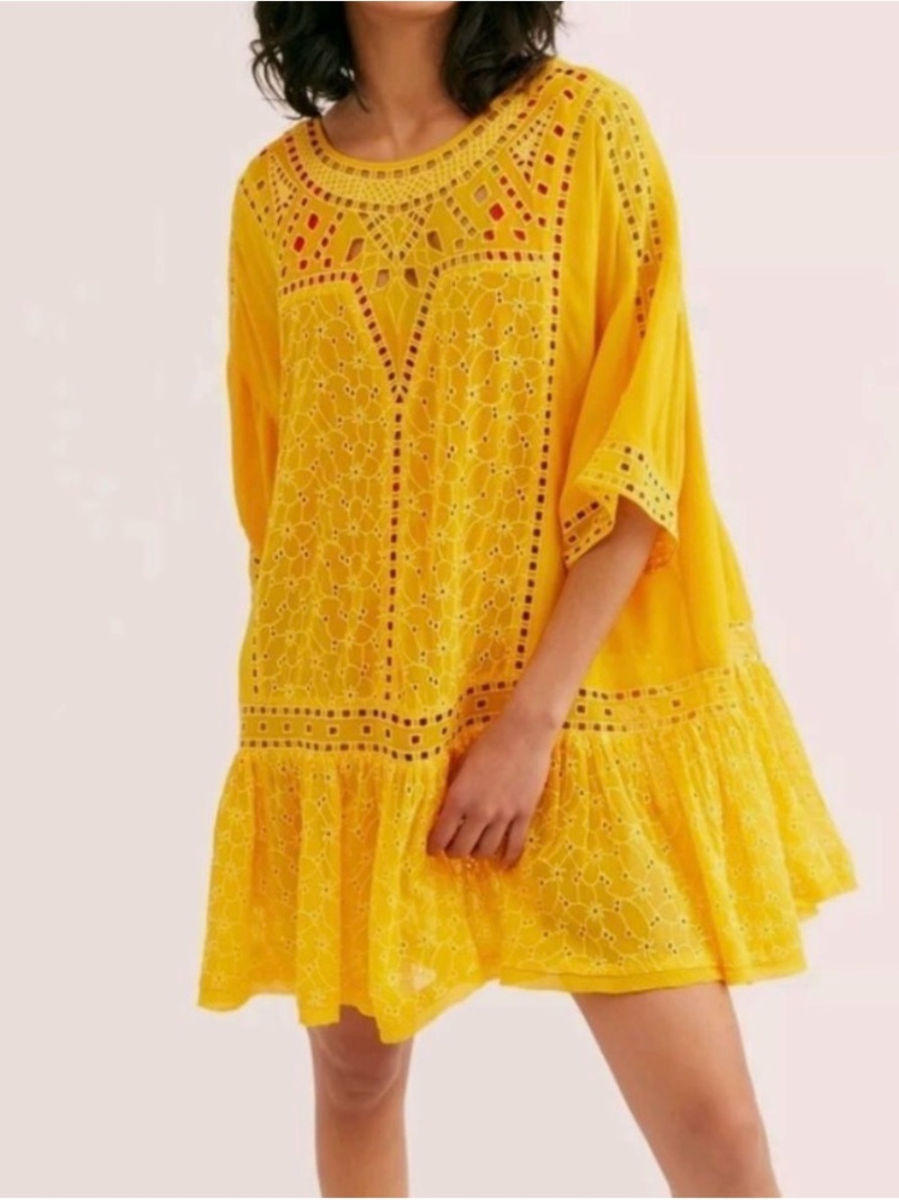 Free People Bright Yellow Eyelet Crochet Mini Dress